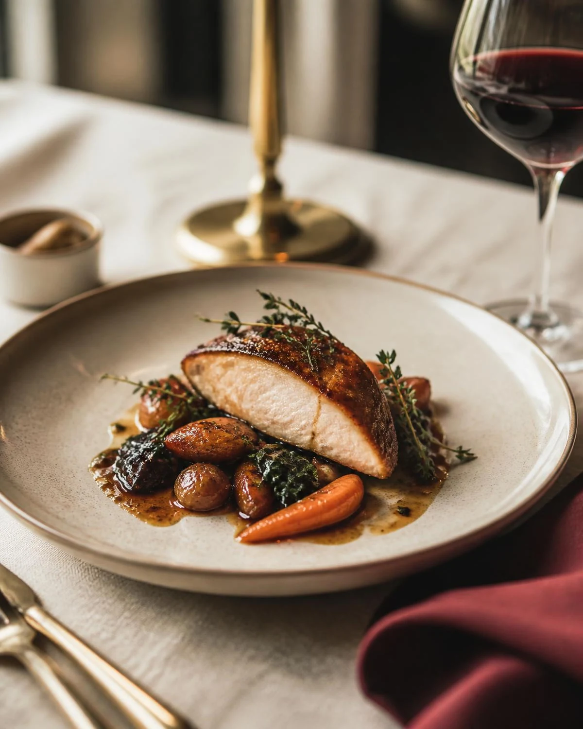Prato de bistrô montado com proteína, legumes e molho — sugestão do menu que muda periodicamente no Lumne Bistrô