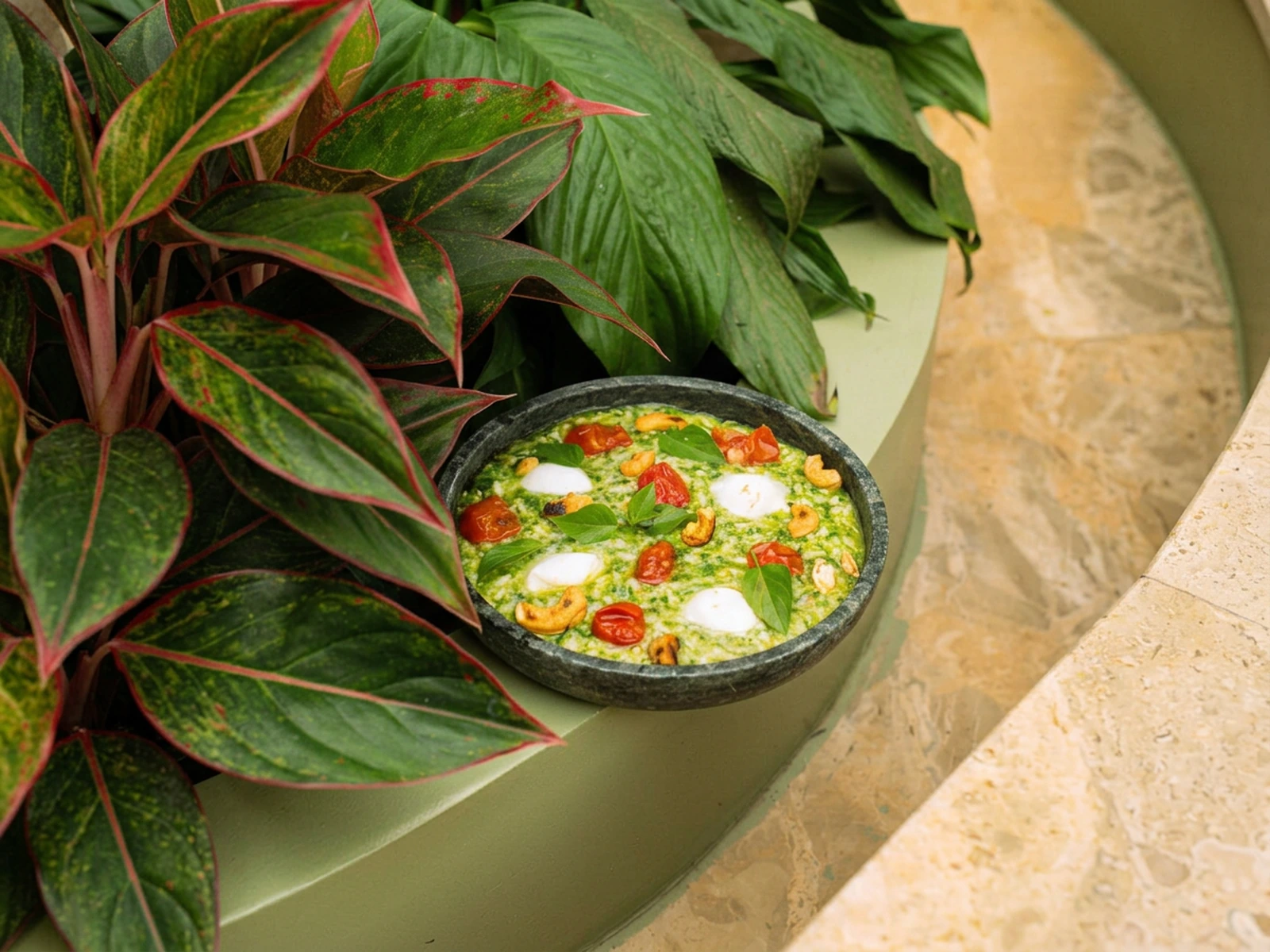 Risoto caprese com pesto, tomates, muçarela, castanhas e manjericão